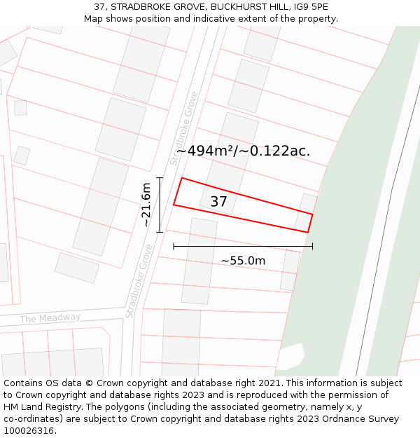 37, STRADBROKE GROVE, BUCKHURST HILL, IG9 5PE: Plot and title map