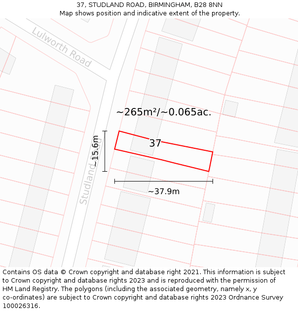 37, STUDLAND ROAD, BIRMINGHAM, B28 8NN: Plot and title map