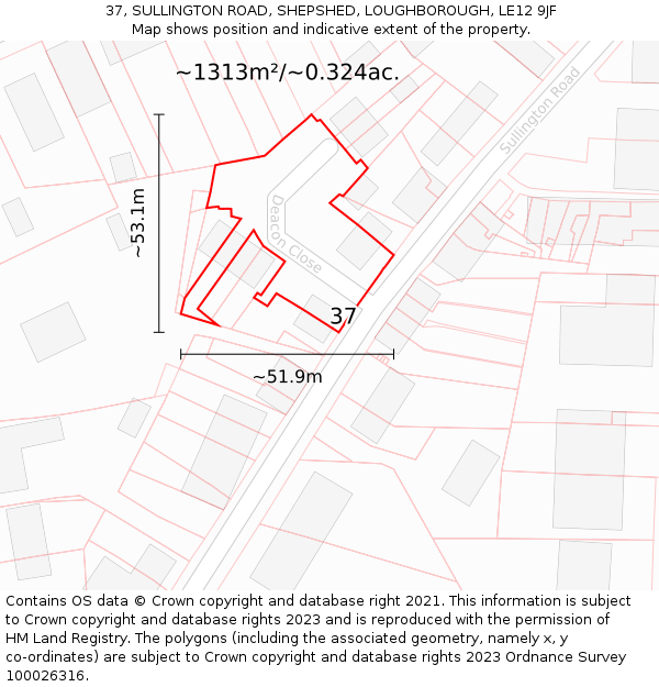 37, SULLINGTON ROAD, SHEPSHED, LOUGHBOROUGH, LE12 9JF: Plot and title map