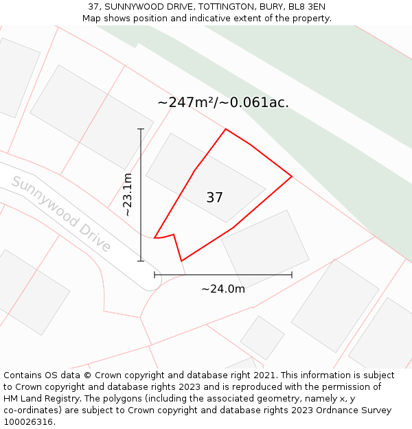 37, SUNNYWOOD DRIVE, TOTTINGTON, BURY, BL8 3EN: Plot and title map