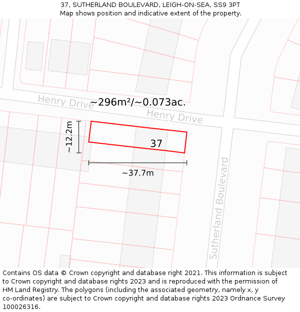 37, SUTHERLAND BOULEVARD, LEIGH-ON-SEA, SS9 3PT: Plot and title map