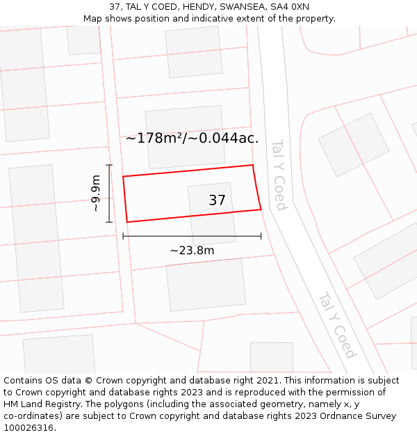 37, TAL Y COED, HENDY, SWANSEA, SA4 0XN: Plot and title map