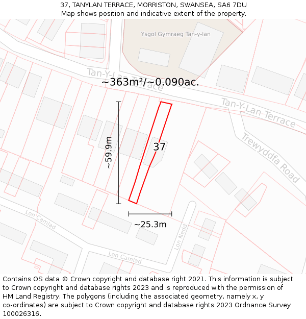 37, TANYLAN TERRACE, MORRISTON, SWANSEA, SA6 7DU: Plot and title map