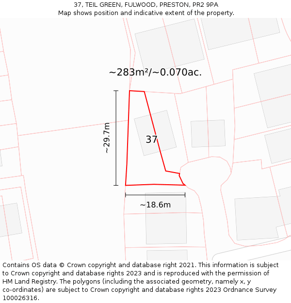 37, TEIL GREEN, FULWOOD, PRESTON, PR2 9PA: Plot and title map