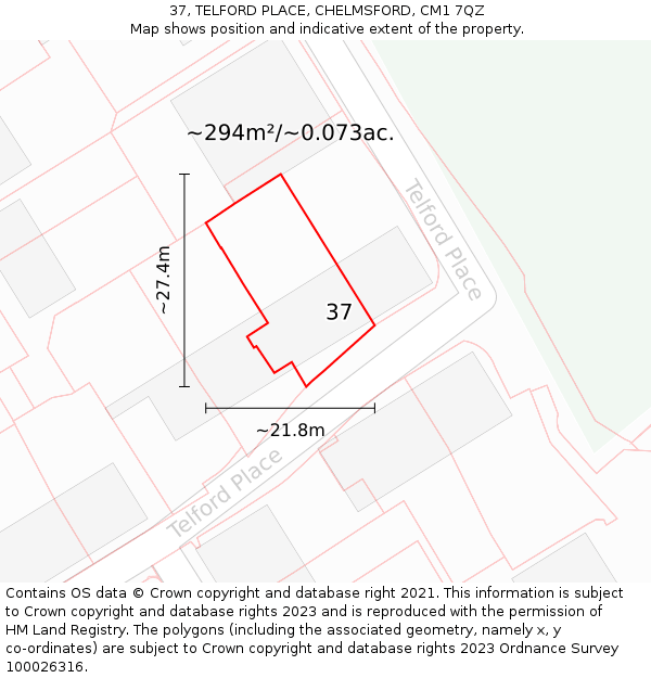 37, TELFORD PLACE, CHELMSFORD, CM1 7QZ: Plot and title map