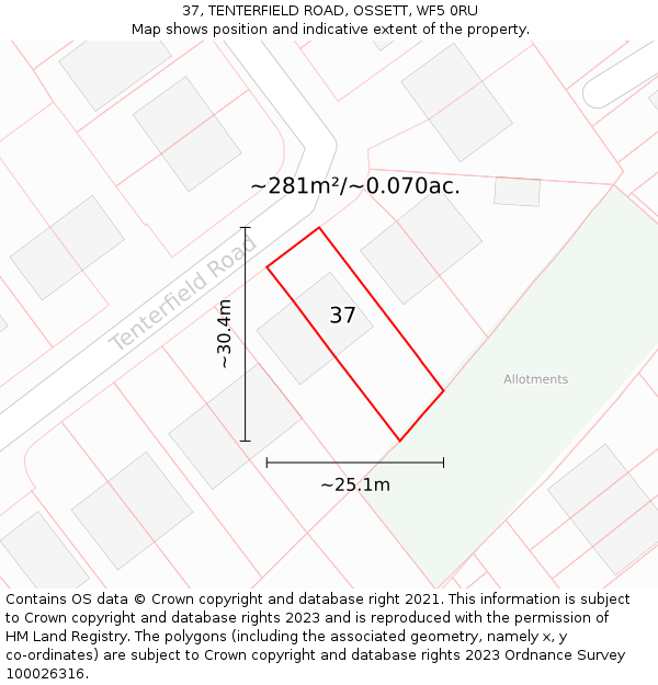 37, TENTERFIELD ROAD, OSSETT, WF5 0RU: Plot and title map