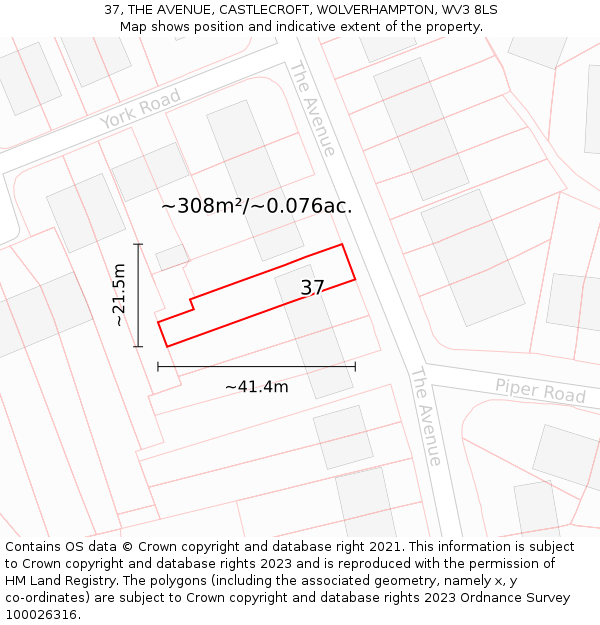 37, THE AVENUE, CASTLECROFT, WOLVERHAMPTON, WV3 8LS: Plot and title map