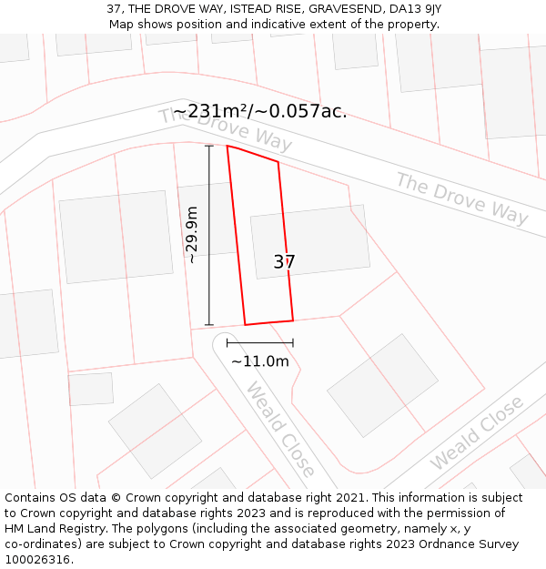 37, THE DROVE WAY, ISTEAD RISE, GRAVESEND, DA13 9JY: Plot and title map