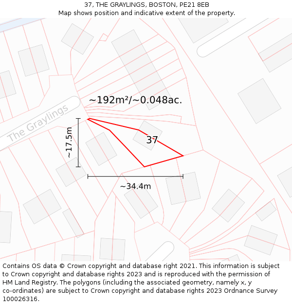 37, THE GRAYLINGS, BOSTON, PE21 8EB: Plot and title map