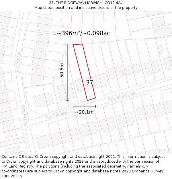 37, THE RIDGEWAY, HARWICH, CO12 4AU: Plot and title map