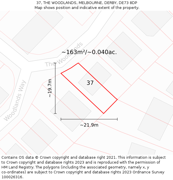 37, THE WOODLANDS, MELBOURNE, DERBY, DE73 8DP: Plot and title map