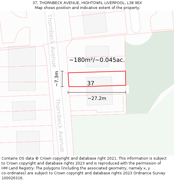 37, THORNBECK AVENUE, HIGHTOWN, LIVERPOOL, L38 9EX: Plot and title map