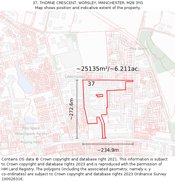 37, THORNE CRESCENT, WORSLEY, MANCHESTER, M28 3YG: Plot and title map