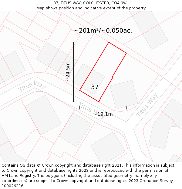 37, TITUS WAY, COLCHESTER, CO4 9WH: Plot and title map