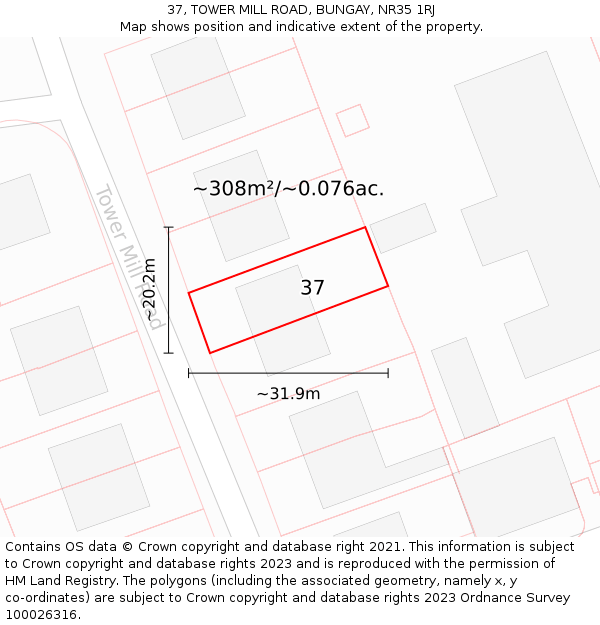 37, TOWER MILL ROAD, BUNGAY, NR35 1RJ: Plot and title map