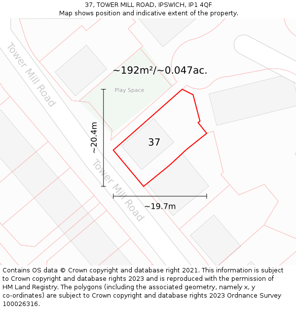 37, TOWER MILL ROAD, IPSWICH, IP1 4QF: Plot and title map