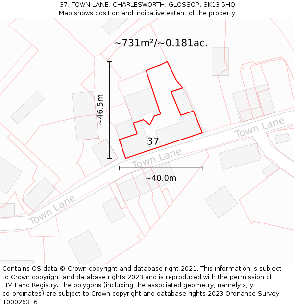 37, TOWN LANE, CHARLESWORTH, GLOSSOP, SK13 5HQ: Plot and title map