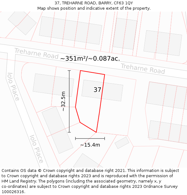 37, TREHARNE ROAD, BARRY, CF63 1QY: Plot and title map