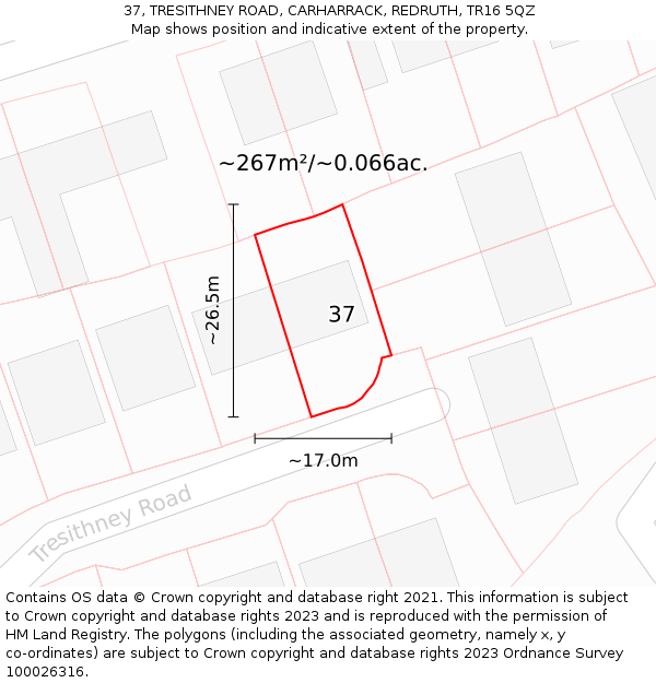 37, TRESITHNEY ROAD, CARHARRACK, REDRUTH, TR16 5QZ: Plot and title map