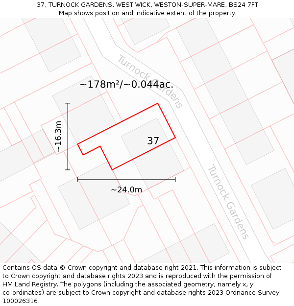 37, TURNOCK GARDENS, WEST WICK, WESTON-SUPER-MARE, BS24 7FT: Plot and title map