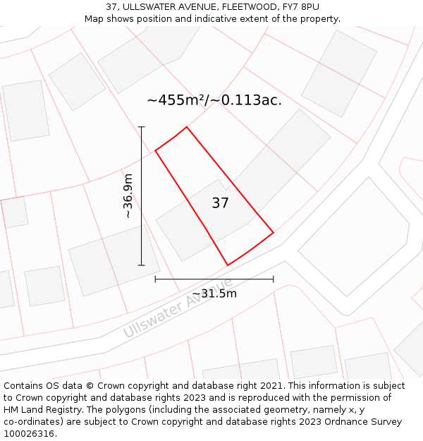 37, ULLSWATER AVENUE, FLEETWOOD, FY7 8PU: Plot and title map