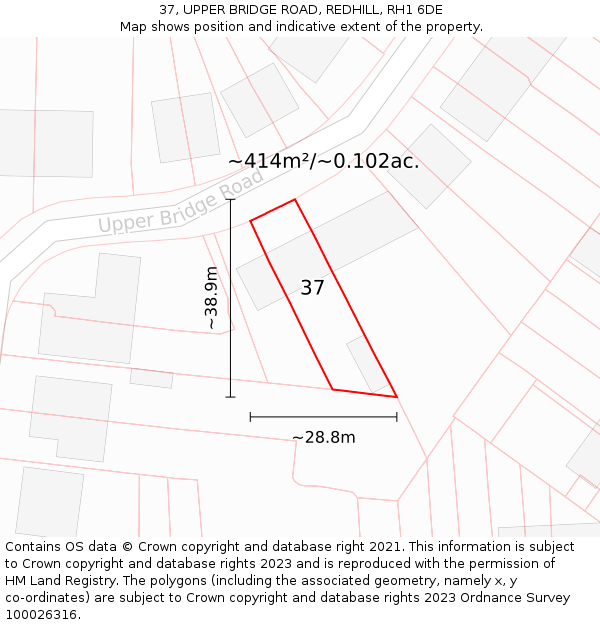 37, UPPER BRIDGE ROAD, REDHILL, RH1 6DE: Plot and title map