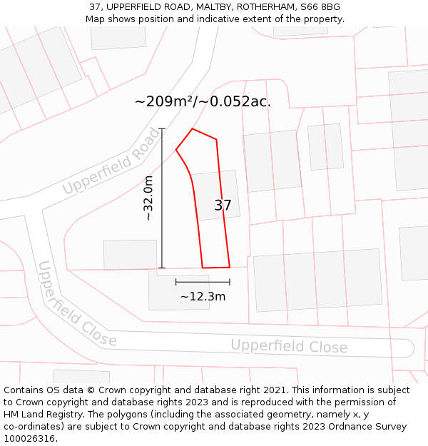 37, UPPERFIELD ROAD, MALTBY, ROTHERHAM, S66 8BG: Plot and title map