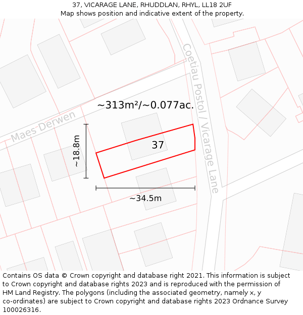 37, VICARAGE LANE, RHUDDLAN, RHYL, LL18 2UF: Plot and title map