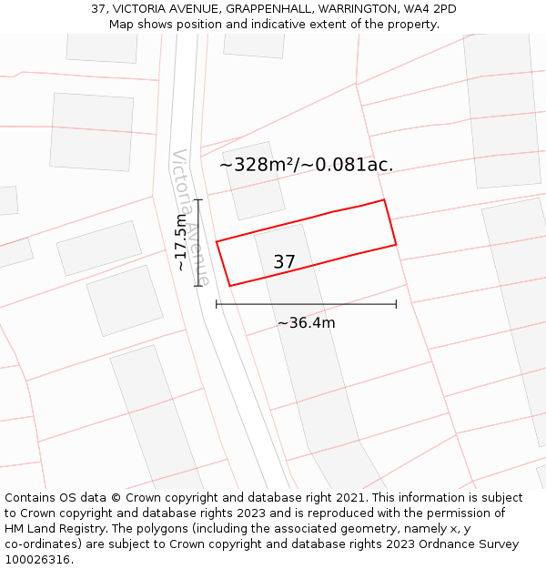 37, VICTORIA AVENUE, GRAPPENHALL, WARRINGTON, WA4 2PD: Plot and title map