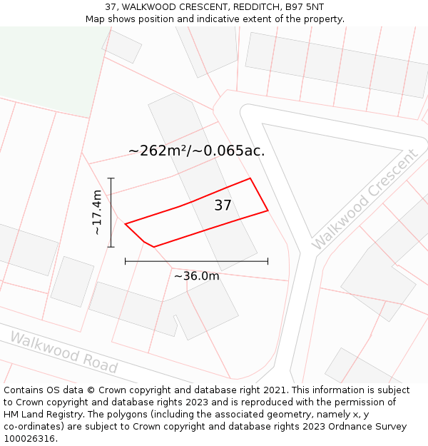 37, WALKWOOD CRESCENT, REDDITCH, B97 5NT: Plot and title map