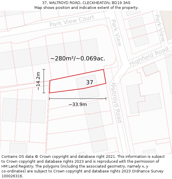 37, WALTROYD ROAD, CLECKHEATON, BD19 3AS: Plot and title map