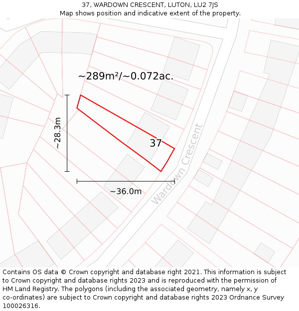 37, WARDOWN CRESCENT, LUTON, LU2 7JS: Plot and title map