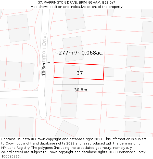 37, WARRINGTON DRIVE, BIRMINGHAM, B23 5YP: Plot and title map