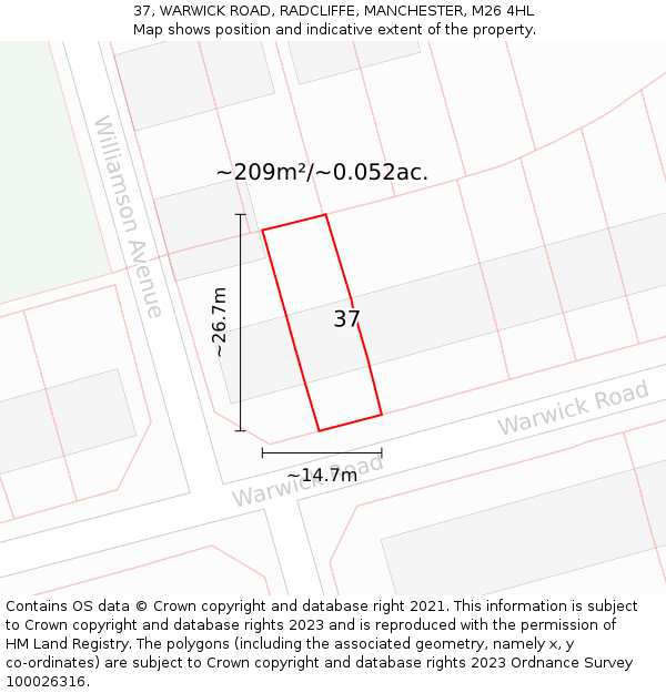 37, WARWICK ROAD, RADCLIFFE, MANCHESTER, M26 4HL: Plot and title map