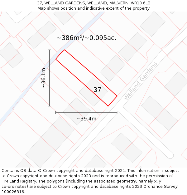 37, WELLAND GARDENS, WELLAND, MALVERN, WR13 6LB: Plot and title map