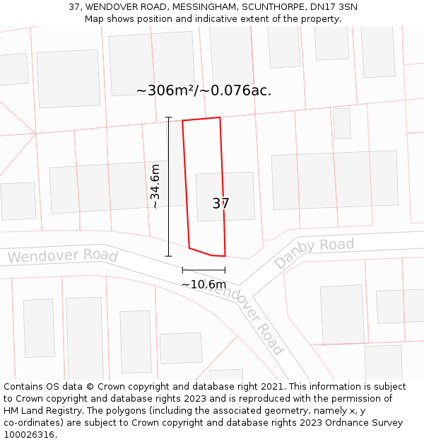 37, WENDOVER ROAD, MESSINGHAM, SCUNTHORPE, DN17 3SN: Plot and title map