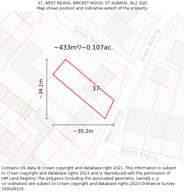 37, WEST RIDING, BRICKET WOOD, ST ALBANS, AL2 3QD: Plot and title map