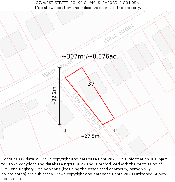 37, WEST STREET, FOLKINGHAM, SLEAFORD, NG34 0SN: Plot and title map