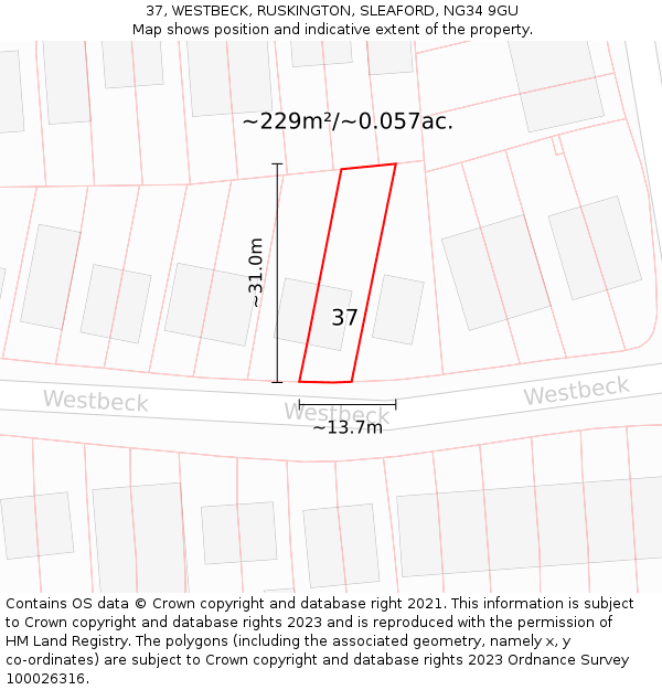 37, WESTBECK, RUSKINGTON, SLEAFORD, NG34 9GU: Plot and title map