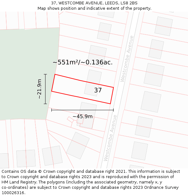 37, WESTCOMBE AVENUE, LEEDS, LS8 2BS: Plot and title map