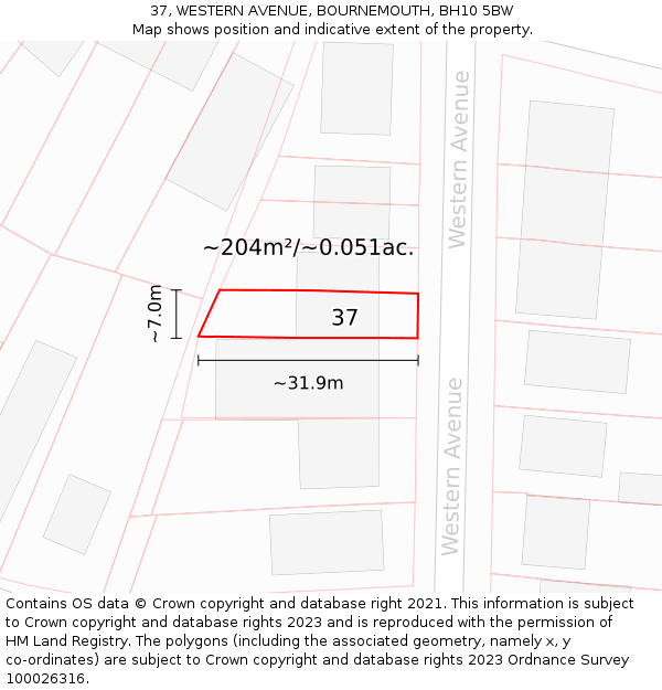 37, WESTERN AVENUE, BOURNEMOUTH, BH10 5BW: Plot and title map