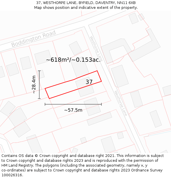 37, WESTHORPE LANE, BYFIELD, DAVENTRY, NN11 6XB: Plot and title map