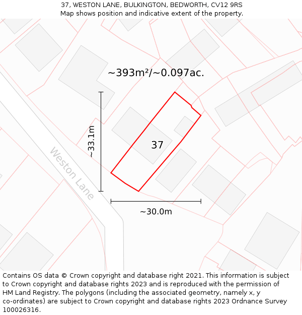 37, WESTON LANE, BULKINGTON, BEDWORTH, CV12 9RS: Plot and title map