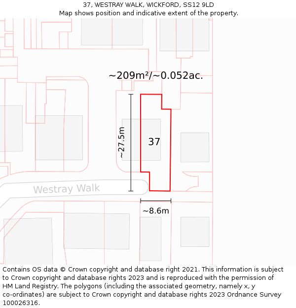 37, WESTRAY WALK, WICKFORD, SS12 9LD: Plot and title map