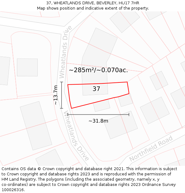 37, WHEATLANDS DRIVE, BEVERLEY, HU17 7HR: Plot and title map