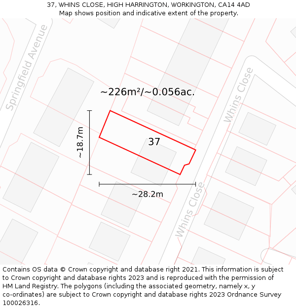 37, WHINS CLOSE, HIGH HARRINGTON, WORKINGTON, CA14 4AD: Plot and title map