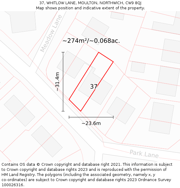 37, WHITLOW LANE, MOULTON, NORTHWICH, CW9 8QJ: Plot and title map