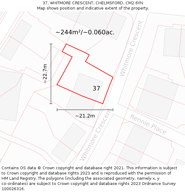 37, WHITMORE CRESCENT, CHELMSFORD, CM2 6YN: Plot and title map