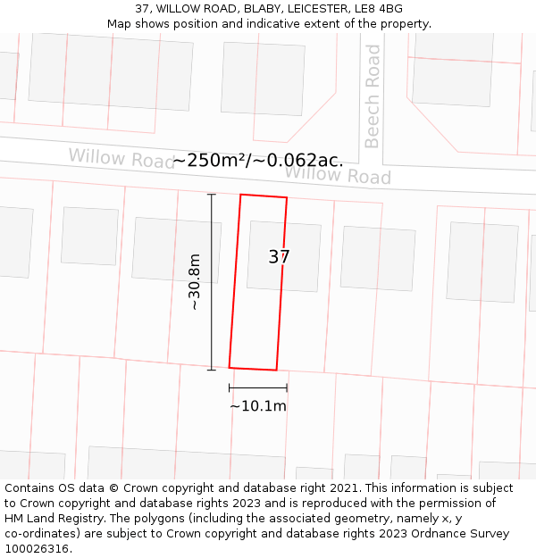 37, WILLOW ROAD, BLABY, LEICESTER, LE8 4BG: Plot and title map