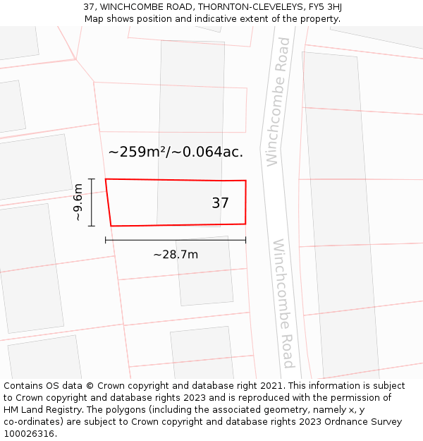 37, WINCHCOMBE ROAD, THORNTON-CLEVELEYS, FY5 3HJ: Plot and title map